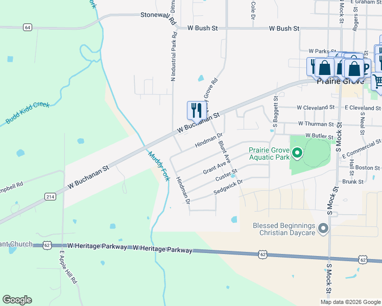 map of restaurants, bars, coffee shops, grocery stores, and more near 817 Hindman Drive in Prairie Grove