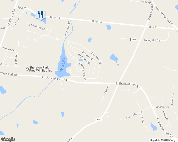 map of restaurants, bars, coffee shops, grocery stores, and more near 5421 Raybrook Road in Greensboro