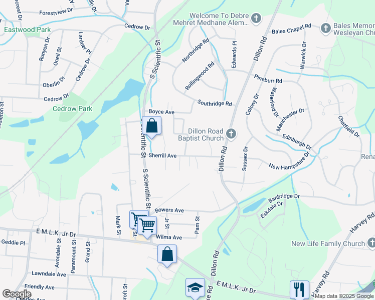 map of restaurants, bars, coffee shops, grocery stores, and more near 3021 Sherrill Avenue in Jamestown