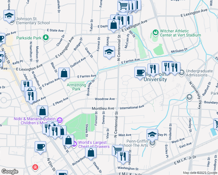 map of restaurants, bars, coffee shops, grocery stores, and more near 509 North Avenue in High Point