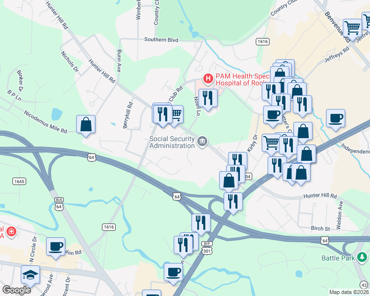 map of restaurants, bars, coffee shops, grocery stores, and more near 881 Noell Lane in Rocky Mount
