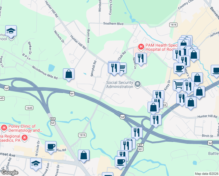map of restaurants, bars, coffee shops, grocery stores, and more near 811 Country Club Rd in Rocky Mt