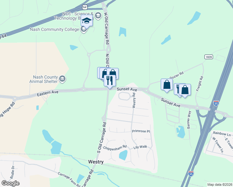 map of restaurants, bars, coffee shops, grocery stores, and more near 4710 Sunset Ave in Rocky Mt