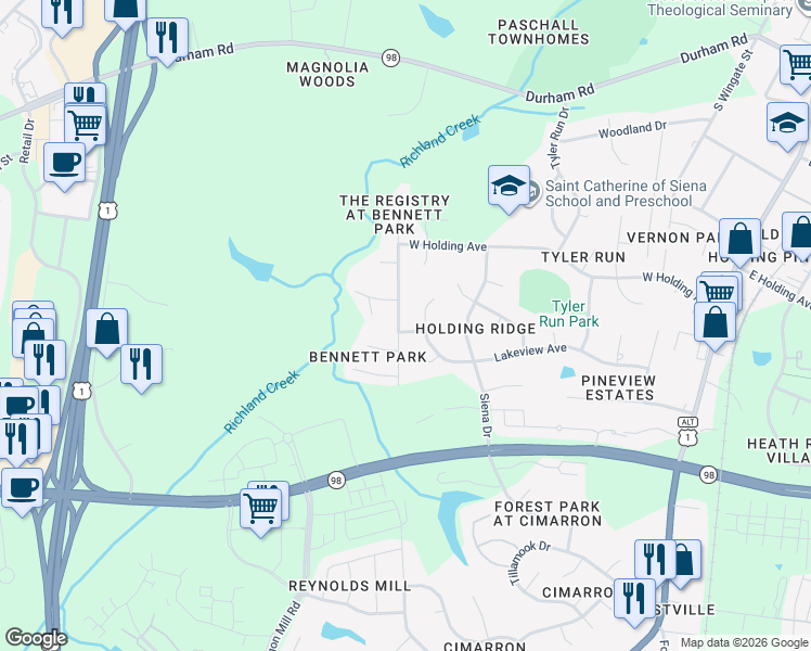 map of restaurants, bars, coffee shops, grocery stores, and more near 709 Lakeview Avenue in Wake Forest