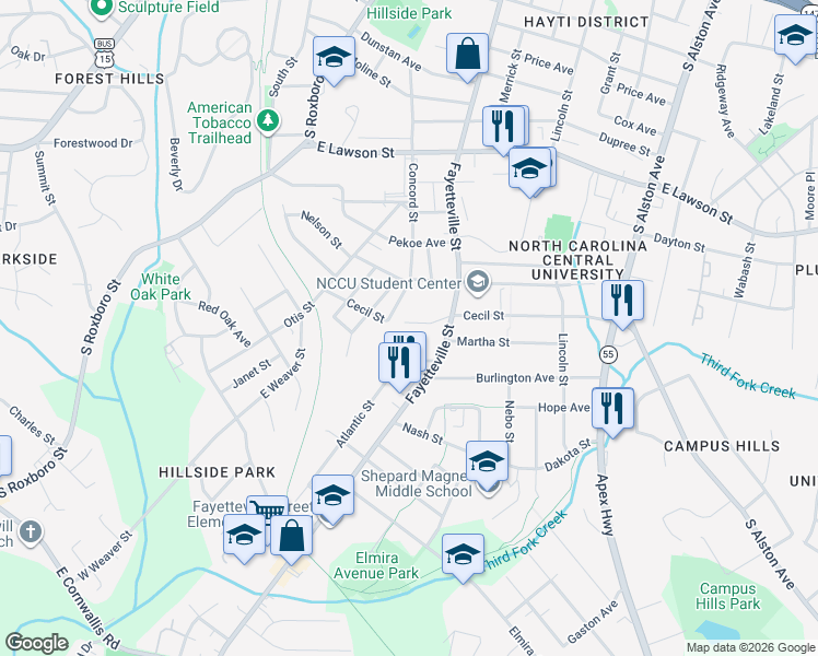 map of restaurants, bars, coffee shops, grocery stores, and more near 2209 Concord Street in Durham