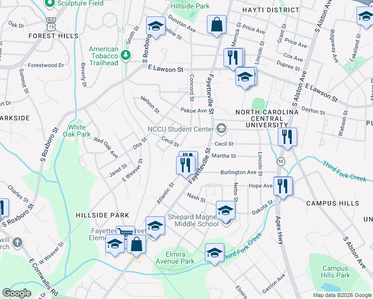 map of restaurants, bars, coffee shops, grocery stores, and more near 2209 Concord Street in Durham