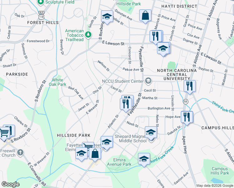 map of restaurants, bars, coffee shops, grocery stores, and more near 2220 Fitzgerald Avenue in Durham