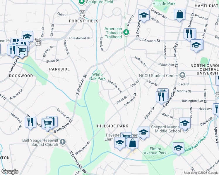 map of restaurants, bars, coffee shops, grocery stores, and more near 218 Red Oak Avenue in Durham