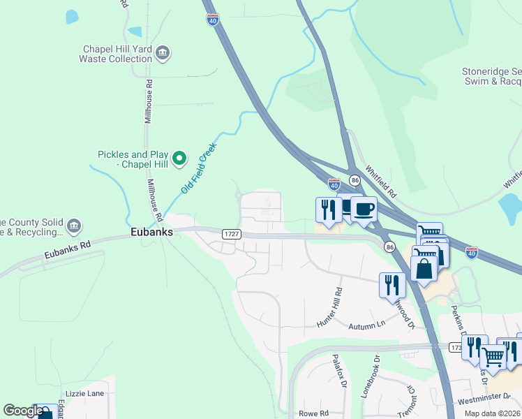 map of restaurants, bars, coffee shops, grocery stores, and more near 2000 Eubanks Road in Chapel Hill