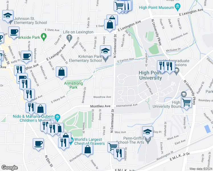 map of restaurants, bars, coffee shops, grocery stores, and more near 509 North Avenue in High Point