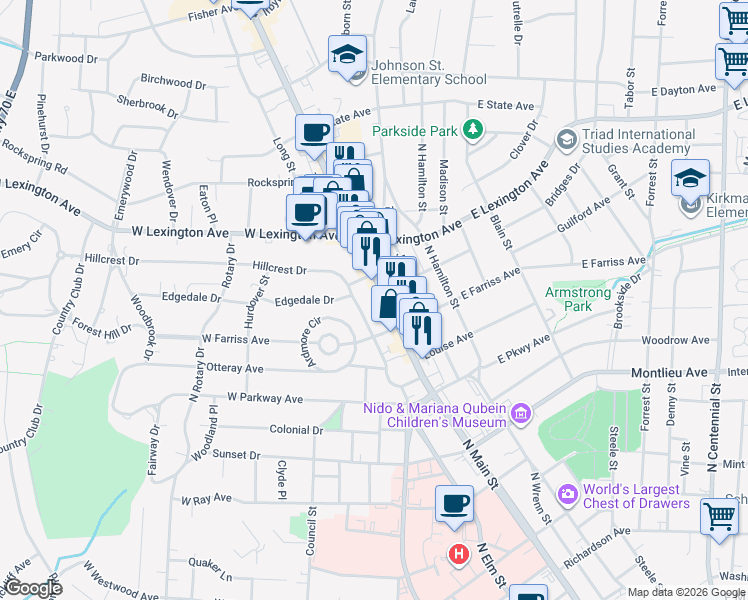 map of restaurants, bars, coffee shops, grocery stores, and more near 1232 North Main Street in High Point