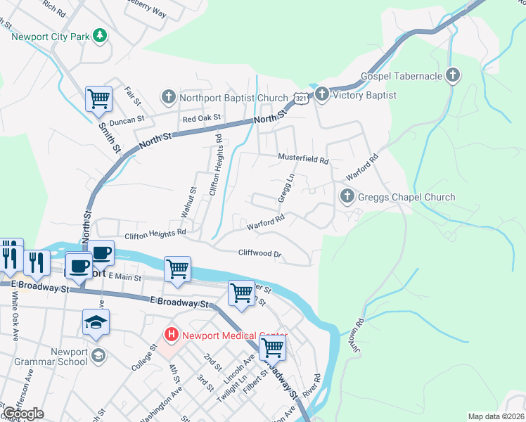 map of restaurants, bars, coffee shops, grocery stores, and more near 655 North Cecil Street in Newport