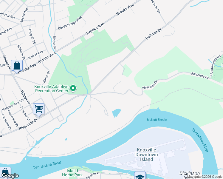 map of restaurants, bars, coffee shops, grocery stores, and more near 2604 Delrose Drive in Knoxville