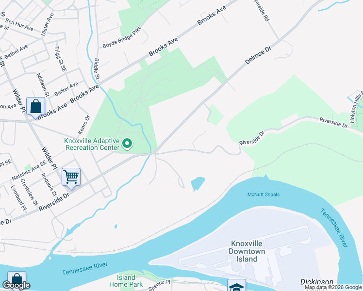 map of restaurants, bars, coffee shops, grocery stores, and more near 2604 Delrose Drive in Knoxville