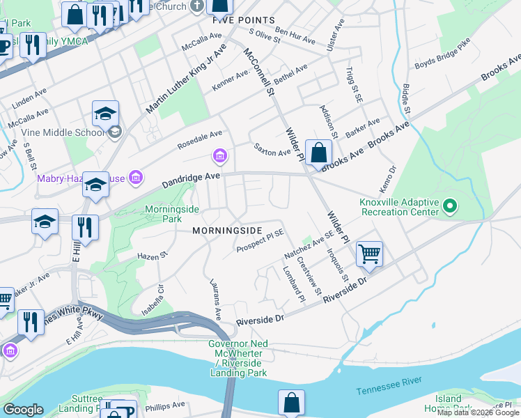 map of restaurants, bars, coffee shops, grocery stores, and more near 2040 Dandridge Avenue in Knoxville