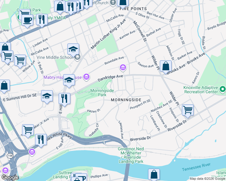 map of restaurants, bars, coffee shops, grocery stores, and more near 718 Witt Place Southeast in Knoxville