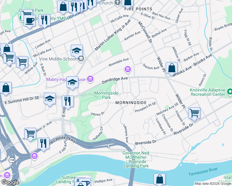 map of restaurants, bars, coffee shops, grocery stores, and more near 718 Witt Place Southeast in Knoxville