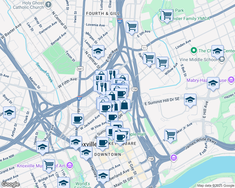 map of restaurants, bars, coffee shops, grocery stores, and more near 222 North Central Street in Knoxville