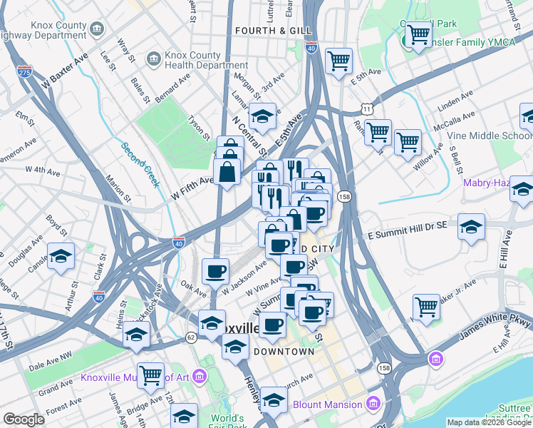 map of restaurants, bars, coffee shops, grocery stores, and more near 209 Common Avenue in Knoxville