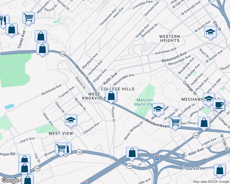 map of restaurants, bars, coffee shops, grocery stores, and more near 2136 Mississippi Avenue in Knoxville