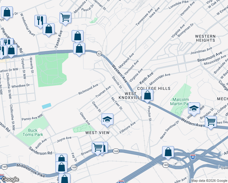 map of restaurants, bars, coffee shops, grocery stores, and more near 2419 Truman Avenue in Knoxville