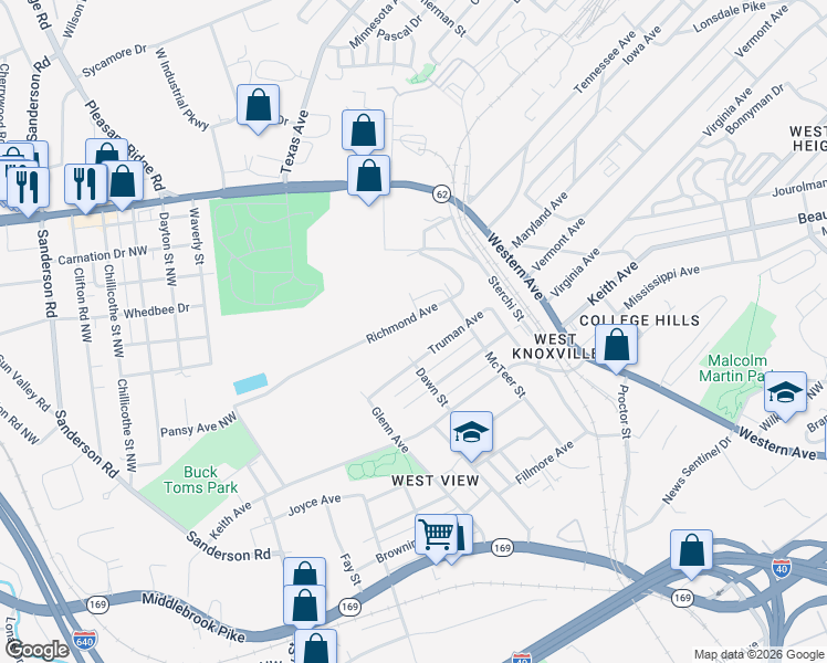 map of restaurants, bars, coffee shops, grocery stores, and more near 407 Richmond Avenue in Knoxville