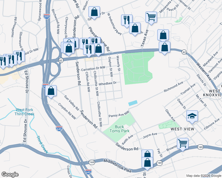 map of restaurants, bars, coffee shops, grocery stores, and more near 2523 Dayton Street in Knoxville