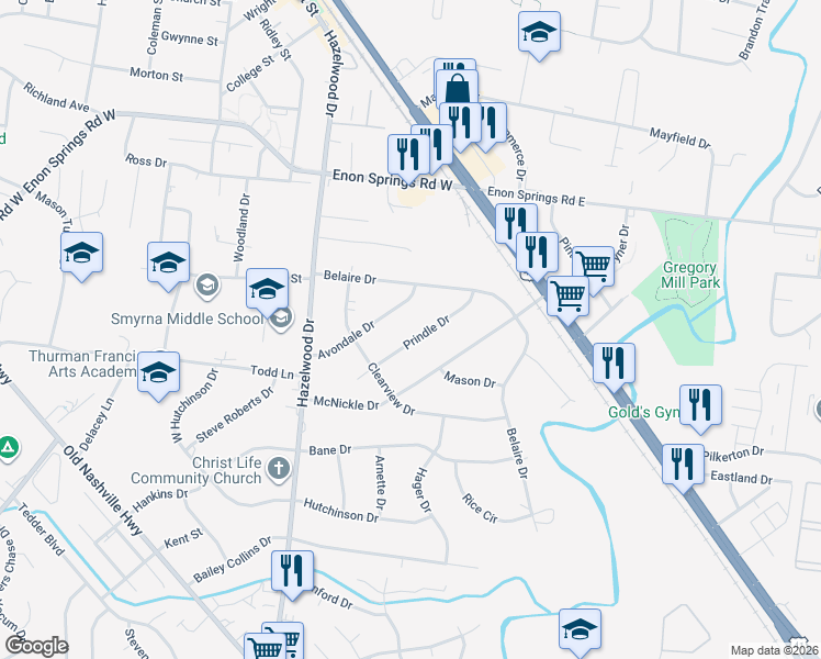 map of restaurants, bars, coffee shops, grocery stores, and more near 122 Avondale Drive in Smyrna