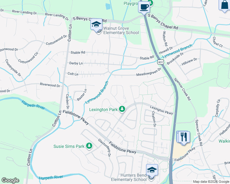 map of restaurants, bars, coffee shops, grocery stores, and more near 2302 Wimbledon Circle in Franklin
