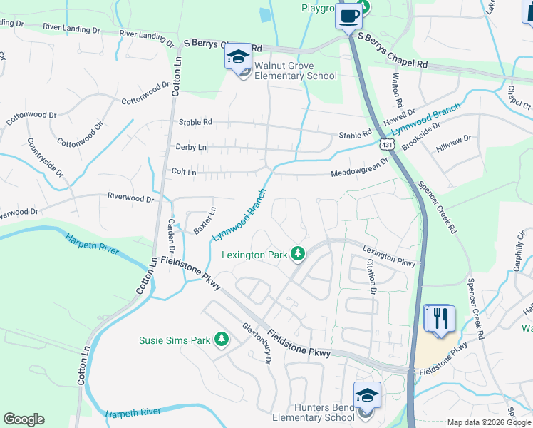 map of restaurants, bars, coffee shops, grocery stores, and more near 2229 Wimbledon Circle in Franklin