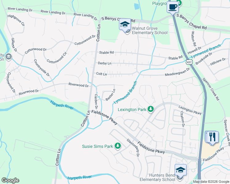 map of restaurants, bars, coffee shops, grocery stores, and more near 2055 Baxter Lane in Franklin