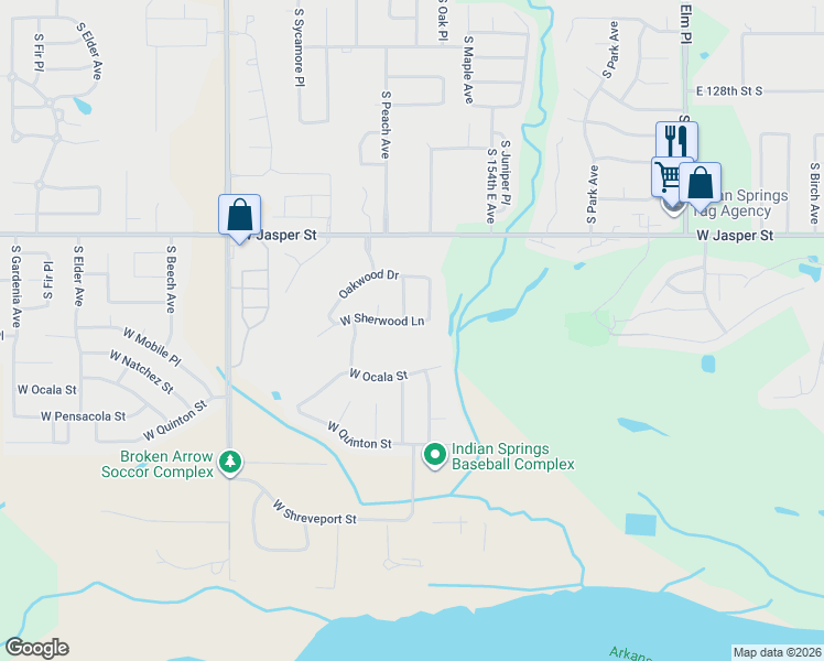 map of restaurants, bars, coffee shops, grocery stores, and more near 8413 South Fawnwood Court in Broken Arrow