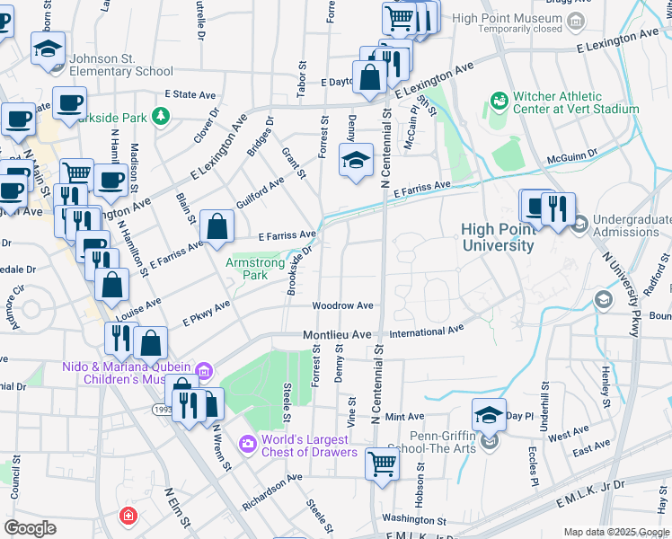map of restaurants, bars, coffee shops, grocery stores, and more near 911 Denny Street in High Point