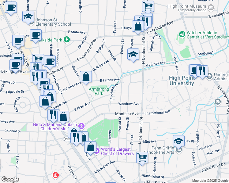 map of restaurants, bars, coffee shops, grocery stores, and more near 720 Brookside Drive in High Point