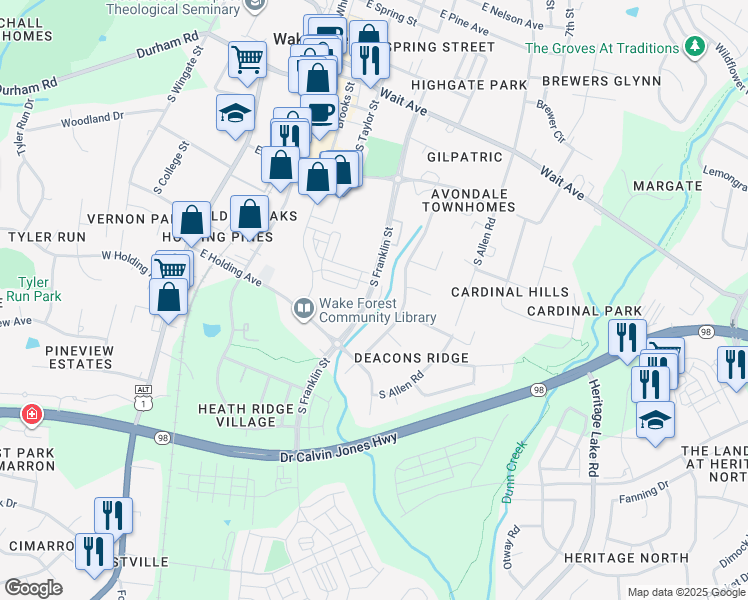 map of restaurants, bars, coffee shops, grocery stores, and more near 489 Triumph Lane in Wake Forest