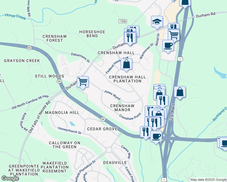 map of restaurants, bars, coffee shops, grocery stores, and more near 982 Jones Wynd in Wake Forest