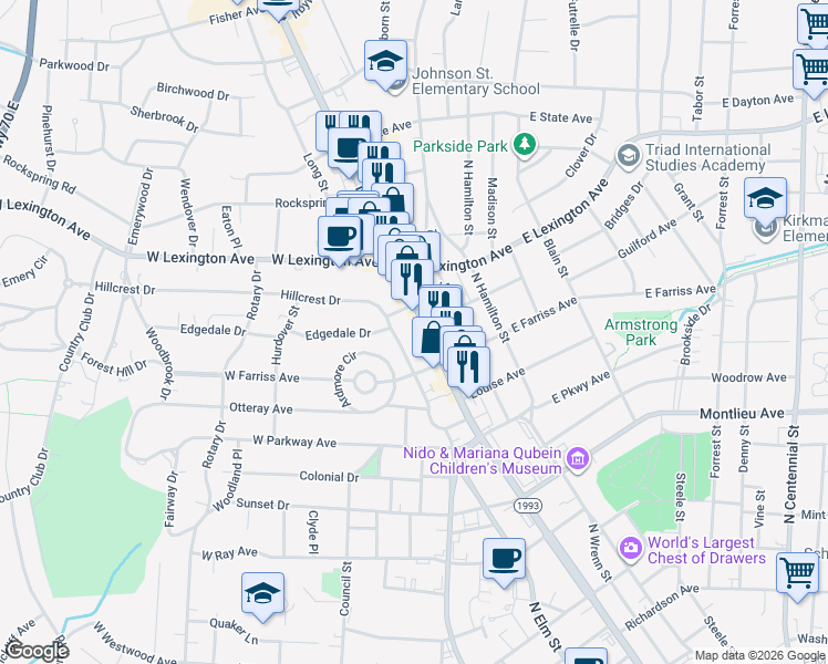 map of restaurants, bars, coffee shops, grocery stores, and more near 1232 North Main Street in High Point