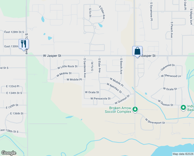map of restaurants, bars, coffee shops, grocery stores, and more near 8116 South Elder Avenue in Broken Arrow