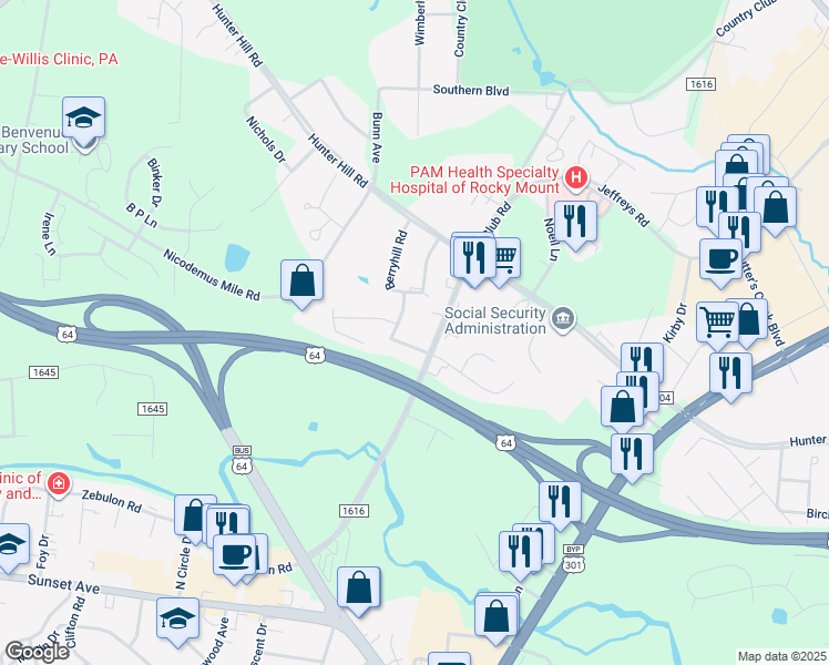 map of restaurants, bars, coffee shops, grocery stores, and more near 724 Country Club Road in Rocky Mount