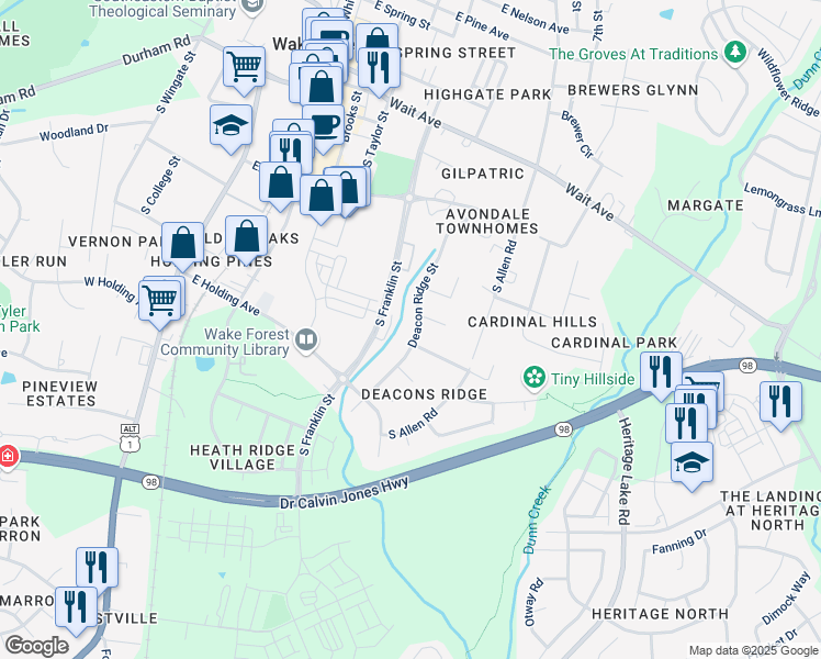 map of restaurants, bars, coffee shops, grocery stores, and more near 605 Torry Hill Court in Wake Forest