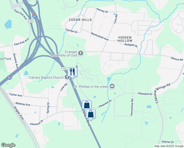 map of restaurants, bars, coffee shops, grocery stores, and more near 3213 Ivey Wood Lane in Durham