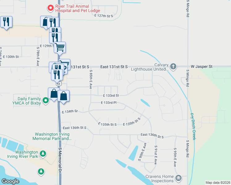 map of restaurants, bars, coffee shops, grocery stores, and more near 8629 East 132nd Street in Bixby