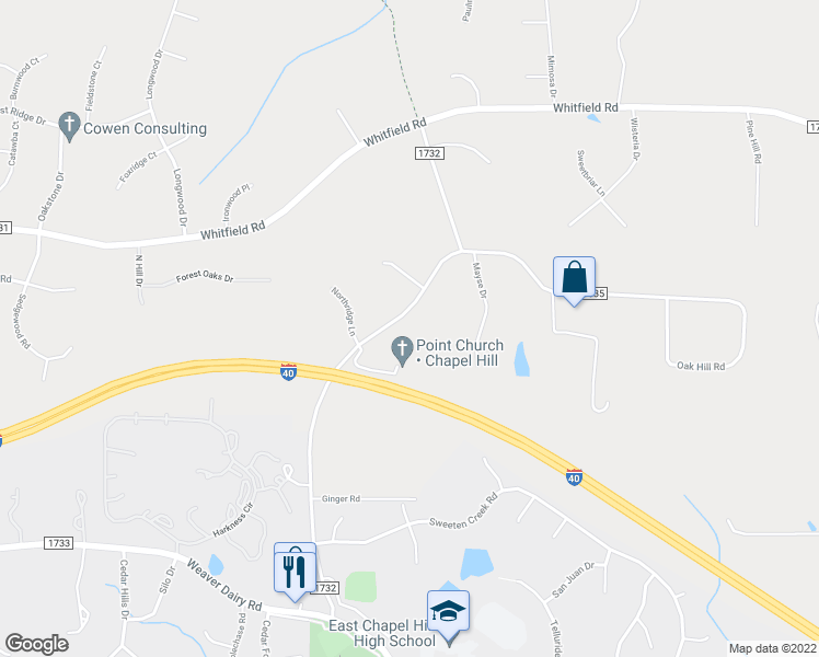 map of restaurants, bars, coffee shops, grocery stores, and more near 7218 Sunrise Road in Chapel Hill