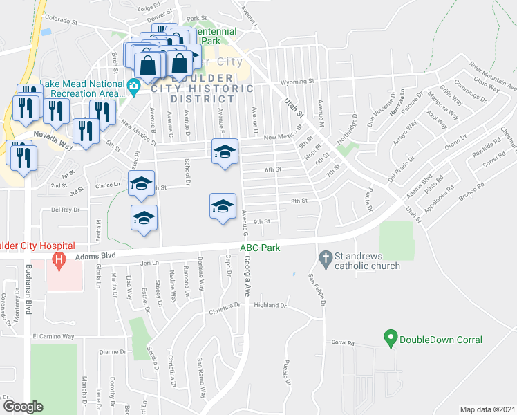 map of restaurants, bars, coffee shops, grocery stores, and more near 733 8th Street in Boulder City