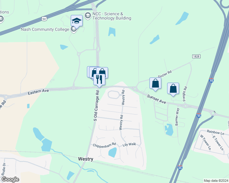 map of restaurants, bars, coffee shops, grocery stores, and more near 4722 Gardenia Circle in Rocky Mount