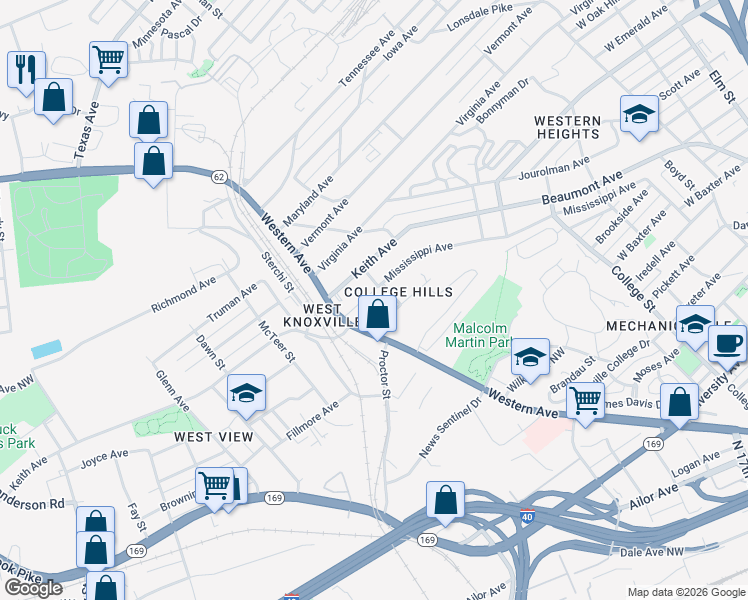 map of restaurants, bars, coffee shops, grocery stores, and more near 2206 Keith Avenue in Knoxville