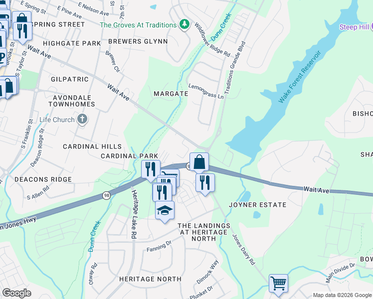 map of restaurants, bars, coffee shops, grocery stores, and more near 1018 Wait Avenue in Wake Forest