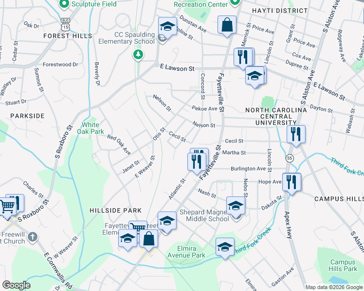 map of restaurants, bars, coffee shops, grocery stores, and more near 2220 Fitzgerald Avenue in Durham