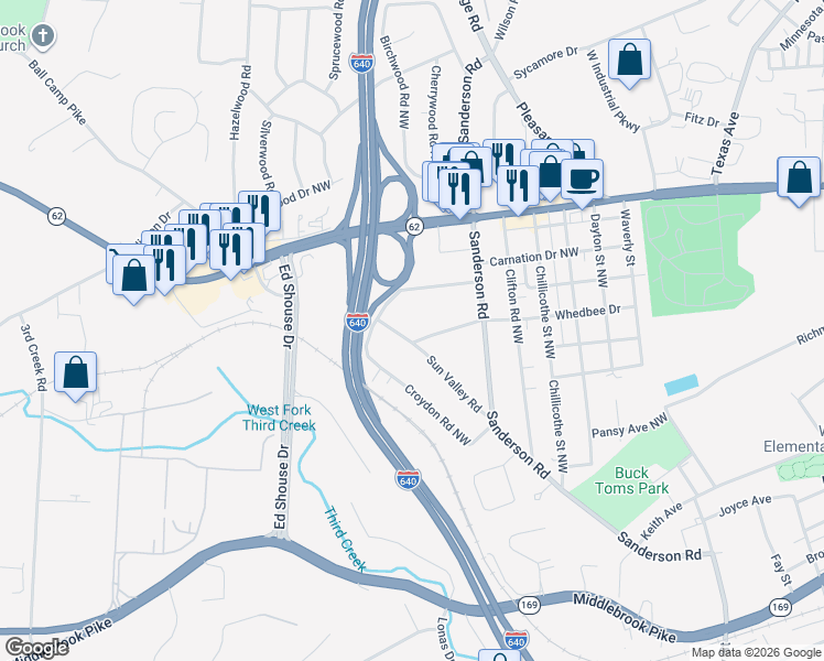 map of restaurants, bars, coffee shops, grocery stores, and more near 3916 Carnation Drive Northwest in Knoxville