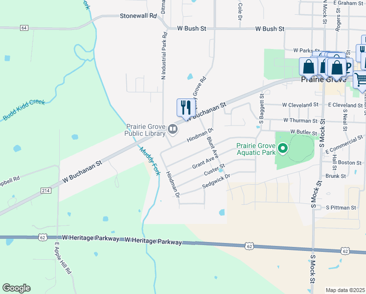 map of restaurants, bars, coffee shops, grocery stores, and more near 808 Hindman Drive in Prairie Grove